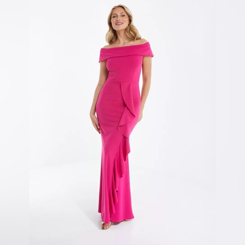 NWT QUIZ Pink Magenta Scuba Crepe Bardot Maxi Dress Size 4